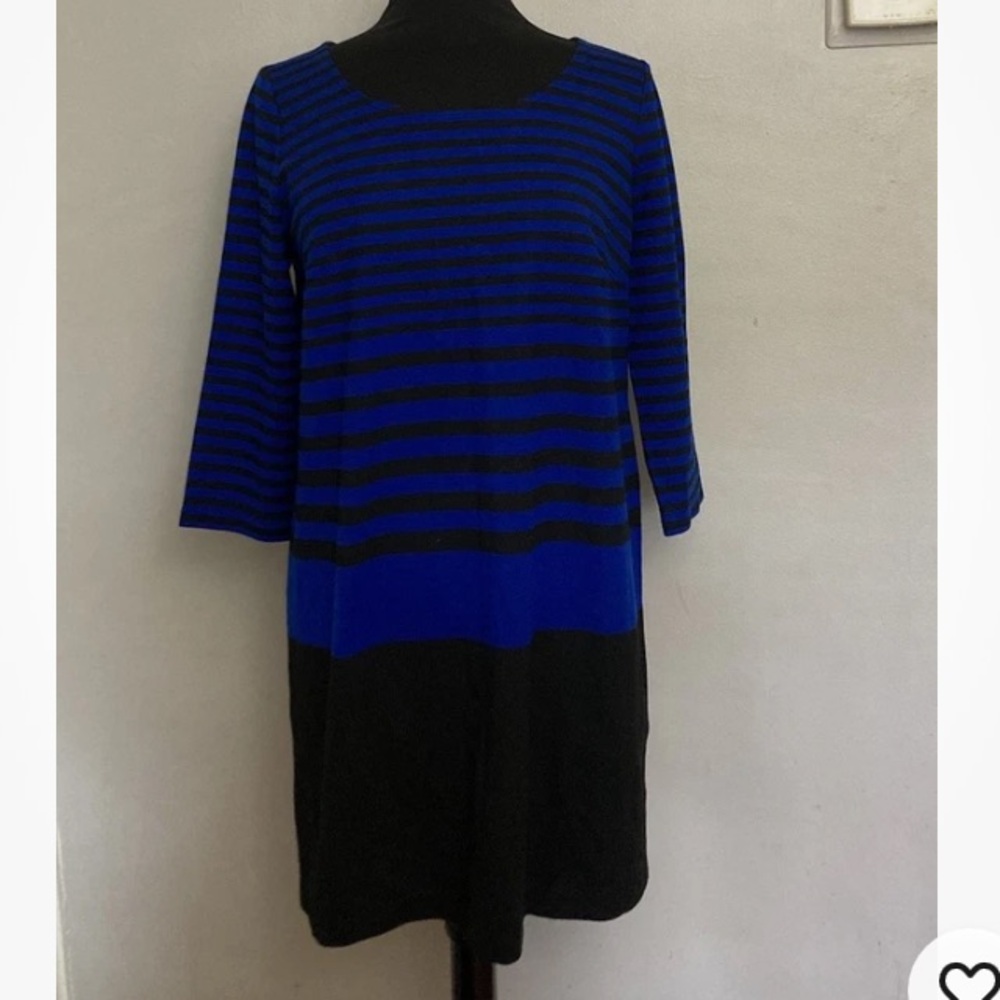 9-27 Ann Taylor Blue dress PL Petite Large Stripe Career NWT